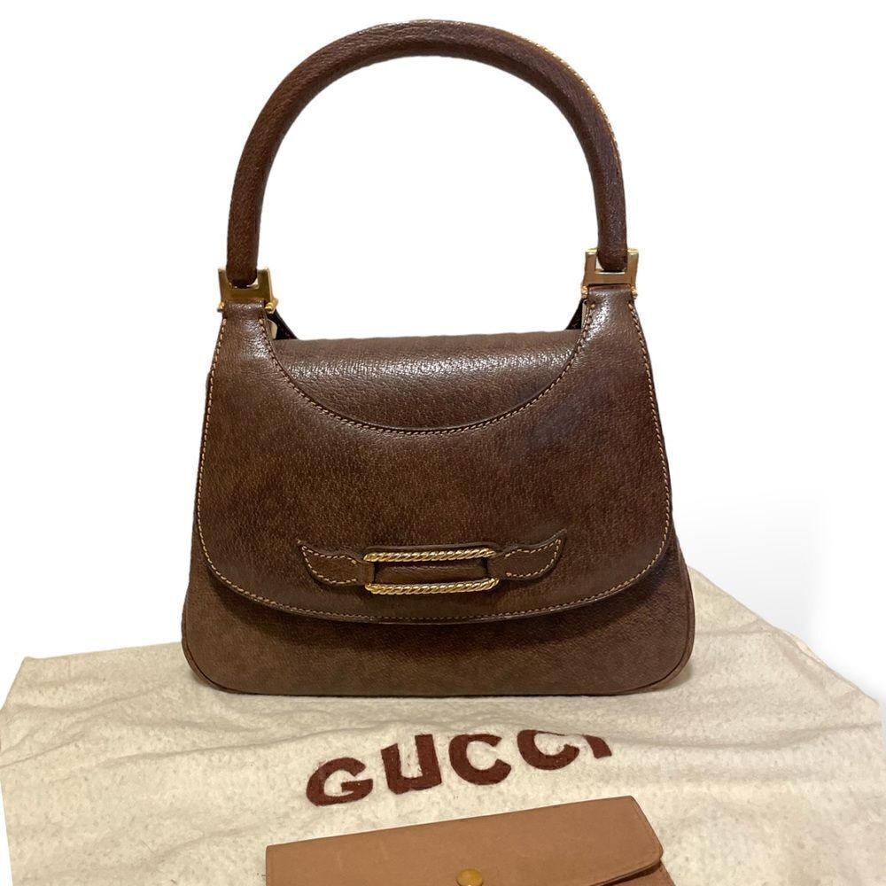 GUCCI Vintage Circa 60’s Brown Leather & Gold Braided Top Handle Purse - Picture 3 of 15